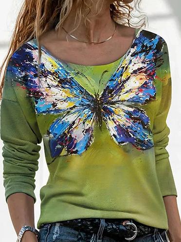 Women's T-Shirts Butterfly Print Round Neck Long Sleeve T-Shirt - T-Shirts - Instastyled | Online Fashion Free Shipping Clothing, Dresses, Tops, Shoes - 13/12/2021 - 20-30 - color-multi