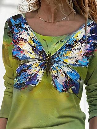 Women's T-Shirts Butterfly Print Round Neck Long Sleeve T-Shirt - T-Shirts - Instastyled | Online Fashion Free Shipping Clothing, Dresses, Tops, Shoes - 13/12/2021 - 20-30 - color-multi