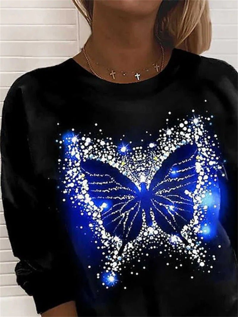 Women's T-Shirts Butterfly Print Round Neck Long Sleeve T-Shirt - T-Shirts - Instastyled | Online Fashion Free Shipping Clothing, Dresses, Tops, Shoes - 18/08/2022 - Color_Black - HDL