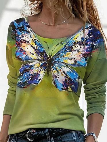 Women's T-Shirts Butterfly Print Round Neck Long Sleeve T-Shirt - T-Shirts - Instastyled | Online Fashion Free Shipping Clothing, Dresses, Tops, Shoes - 13/12/2021 - 20-30 - color-multi