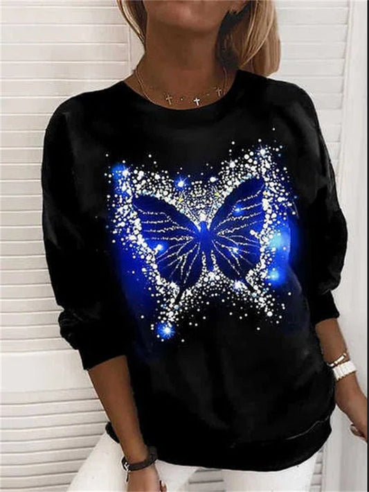 Women's T-Shirts Butterfly Print Round Neck Long Sleeve T-Shirt - T-Shirts - Instastyled | Online Fashion Free Shipping Clothing, Dresses, Tops, Shoes - 18/08/2022 - Color_Black - HDL