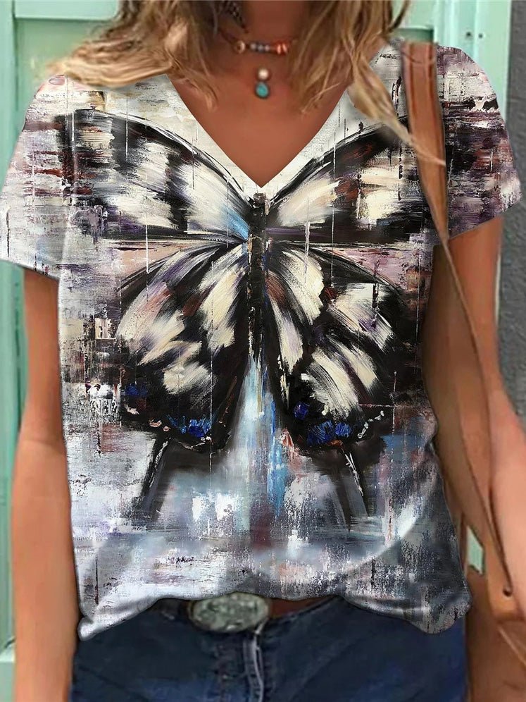 Women's T-Shirts Butterfly Print V-Neck Short Sleeve T-Shirt - T-Shirts - Instastyled | Online Fashion Free Shipping Clothing, Dresses, Tops, Shoes - 10/03/2022 - 20-30 - color-gray