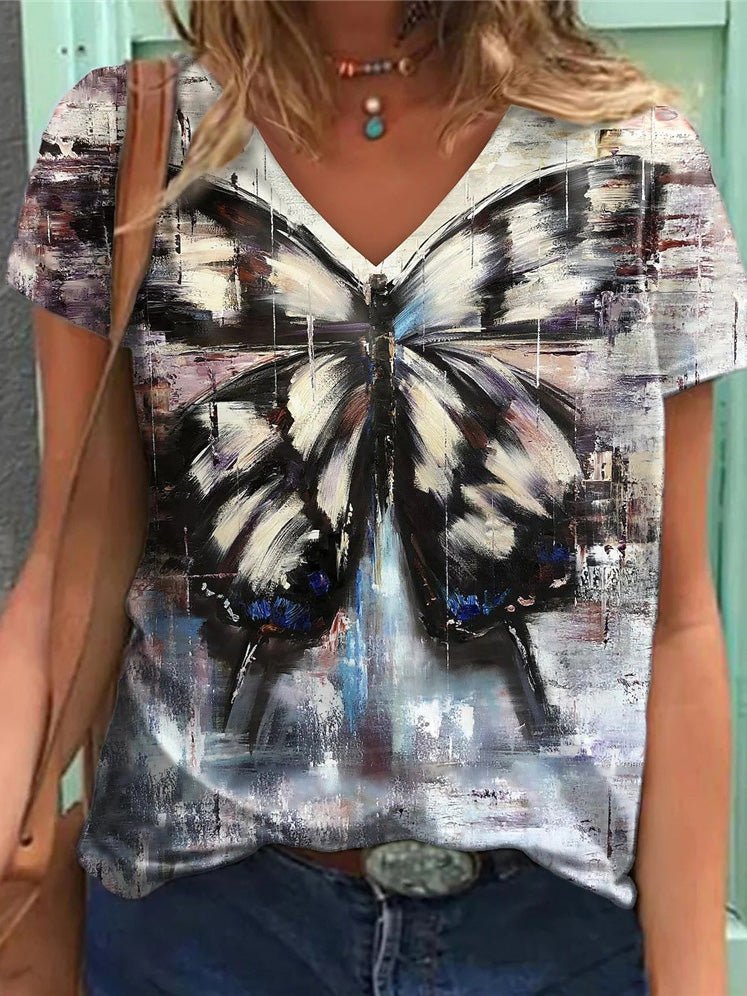 Women's T-Shirts Butterfly Print V-Neck Short Sleeve T-Shirt - T-Shirts - Instastyled | Online Fashion Free Shipping Clothing, Dresses, Tops, Shoes - 10/03/2022 - 20-30 - color-gray