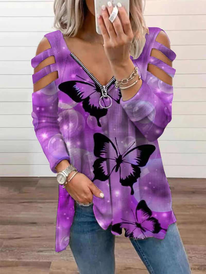 Women's T-Shirts Butterfly Print V-Neck Zipper Hollow Long Sleeve T-Shirt - T-Shirts - Instastyled | Online Fashion Free Shipping Clothing, Dresses, Tops, Shoes - 29/08/2022 - Color_Blue - Color_Orange