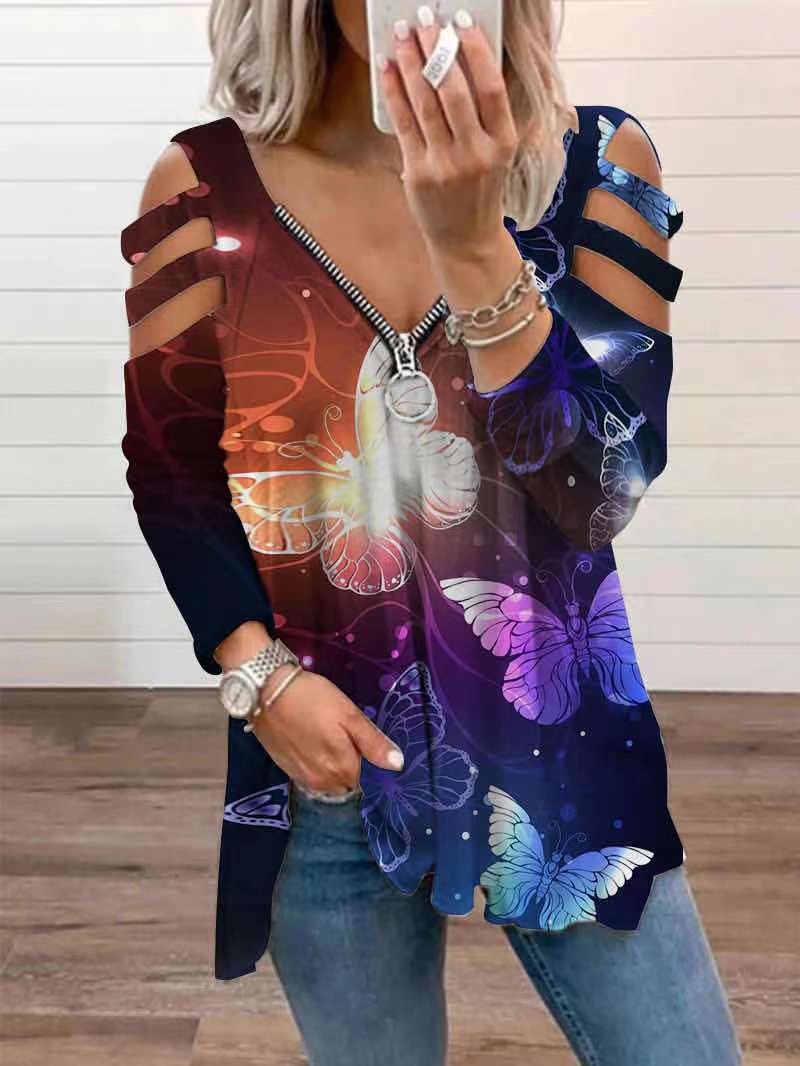 Women's T-Shirts Butterfly Print V-Neck Zipper Hollow Long Sleeve T-Shirt - T-Shirts - Instastyled | Online Fashion Free Shipping Clothing, Dresses, Tops, Shoes - 29/08/2022 - Color_Blue - Color_Orange