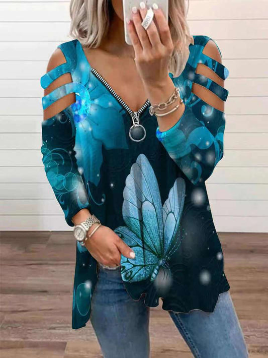 Women's T-Shirts Butterfly Print V-Neck Zipper Hollow Long Sleeve T-Shirt - T-Shirts - Instastyled | Online Fashion Free Shipping Clothing, Dresses, Tops, Shoes - 29/08/2022 - Color_Blue - Color_Orange