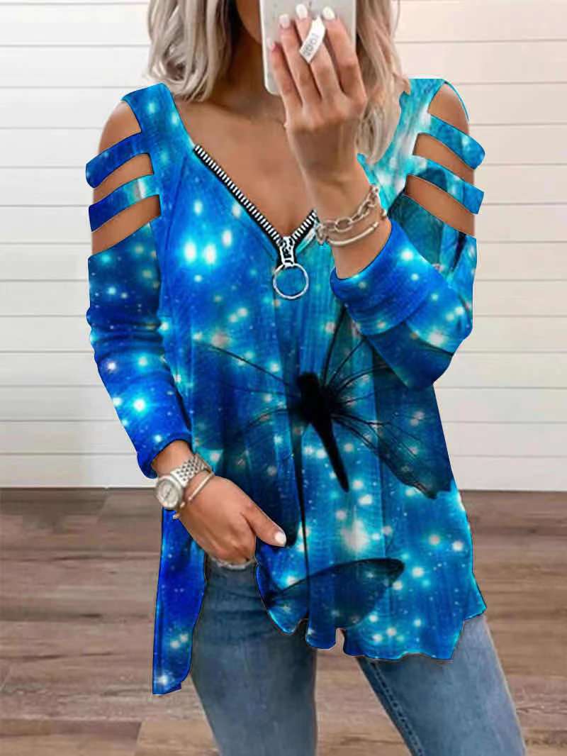 Women's T-Shirts Butterfly Print V-Neck Zipper Hollow Long Sleeve T-Shirt - T-Shirts - Instastyled | Online Fashion Free Shipping Clothing, Dresses, Tops, Shoes - 29/08/2022 - Color_Blue - Color_Orange