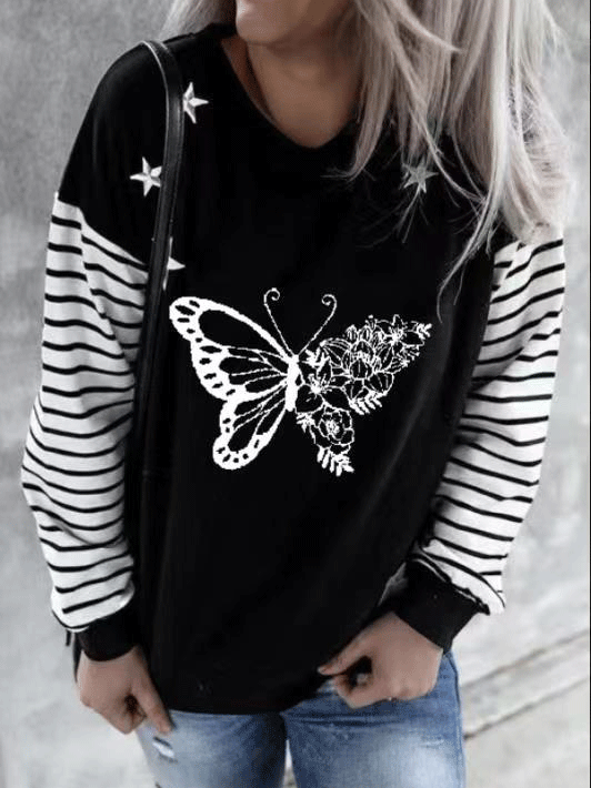 Women's T-Shirts Butterfly Striped Print Round Neck Long Sleeve T-Shirt - T-Shirts - Instastyled | Online Fashion Free Shipping Clothing, Dresses, Tops, Shoes - 09/12/2021 - 20-30 - color-black