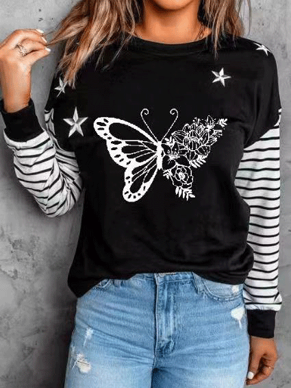 Women's T-Shirts Butterfly Striped Print Round Neck Long Sleeve T-Shirt - T-Shirts - Instastyled | Online Fashion Free Shipping Clothing, Dresses, Tops, Shoes - 09/12/2021 - 20-30 - color-black