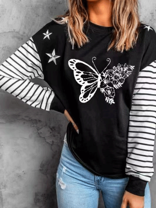 Women's T-Shirts Butterfly Striped Print Round Neck Long Sleeve T-Shirt - T-Shirts - Instastyled | Online Fashion Free Shipping Clothing, Dresses, Tops, Shoes - 09/12/2021 - 20-30 - color-black