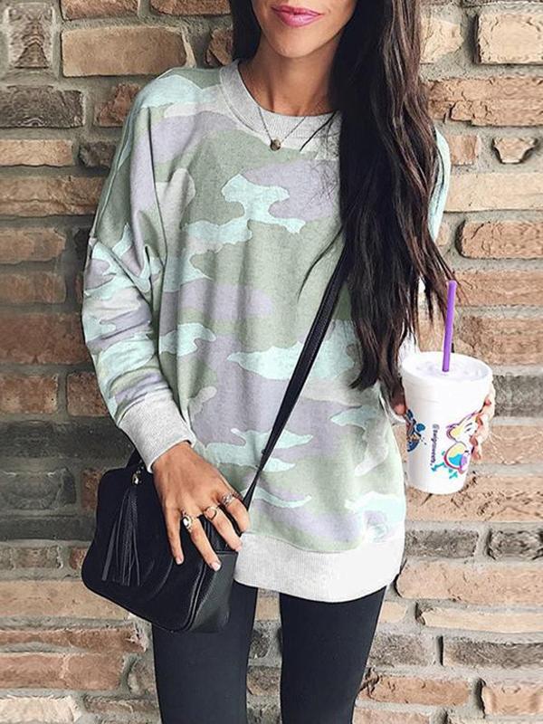 Women's T-Shirts Camouflage Round Neck Long Sleeve T-Shirt - T-Shirts - INS | Online Fashion Free Shipping Clothing, Dresses, Tops, Shoes - 15/10/2021 - Color_Blue - Color_Gray