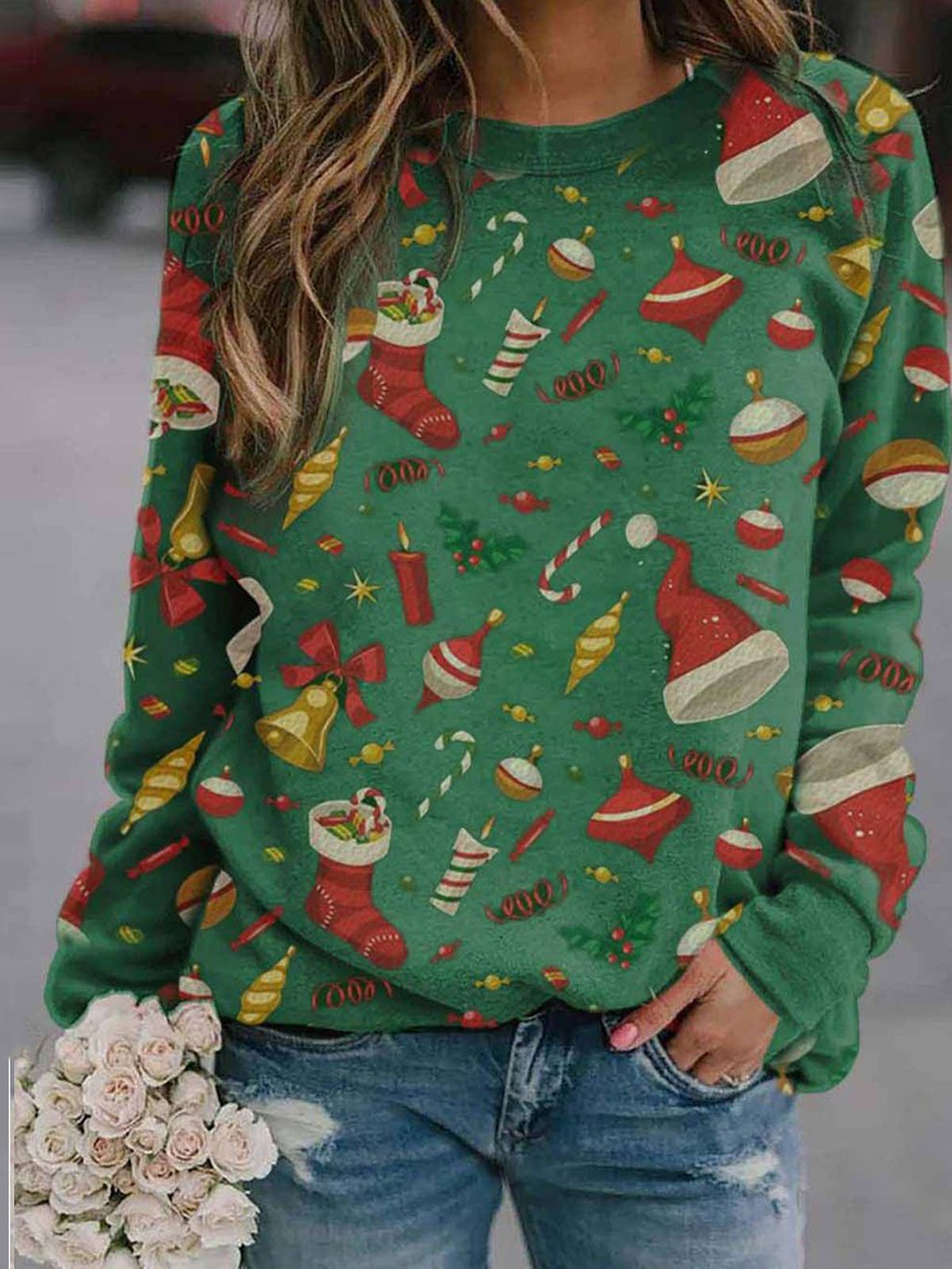 Women's T-Shirts Candy Christmas Tree Print Round Neck Long Sleeve T-Shirt - T-Shirts - INS | Online Fashion Free Shipping Clothing, Dresses, Tops, Shoes - 03/11/2021 - 20-30 - color-black