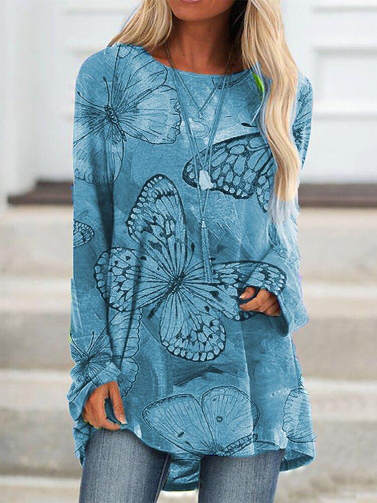 Women's T-Shirts Casual Butterfly Round Neck Long Sleeve T-Shirt - T-Shirts - INS | Online Fashion Free Shipping Clothing, Dresses, Tops, Shoes - 20-30 - 22/10/2021 - color-blue