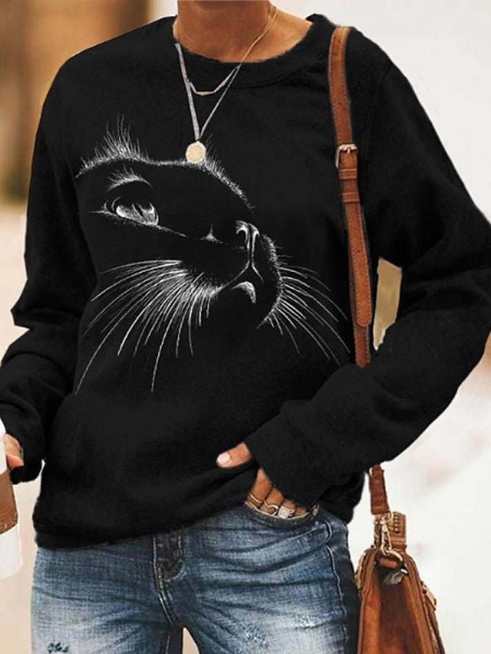 Women's T-Shirts Casual Cat Print Long Sleeve T-Shirt - T-Shirts - Instastyled | Online Fashion Free Shipping Clothing, Dresses, Tops, Shoes - 03/08/2022 - Color_Black - HDL