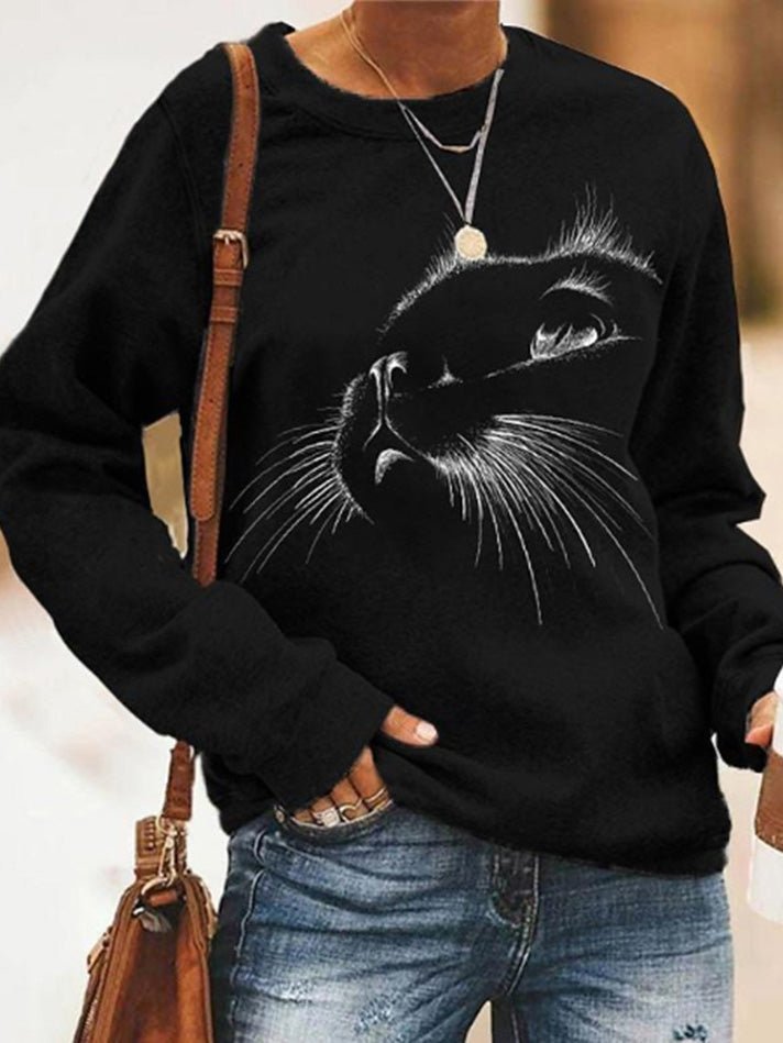 Women's T-Shirts Casual Cat Print Long Sleeve T-Shirt - T-Shirts - Instastyled | Online Fashion Free Shipping Clothing, Dresses, Tops, Shoes - 03/08/2022 - Color_Black - HDL