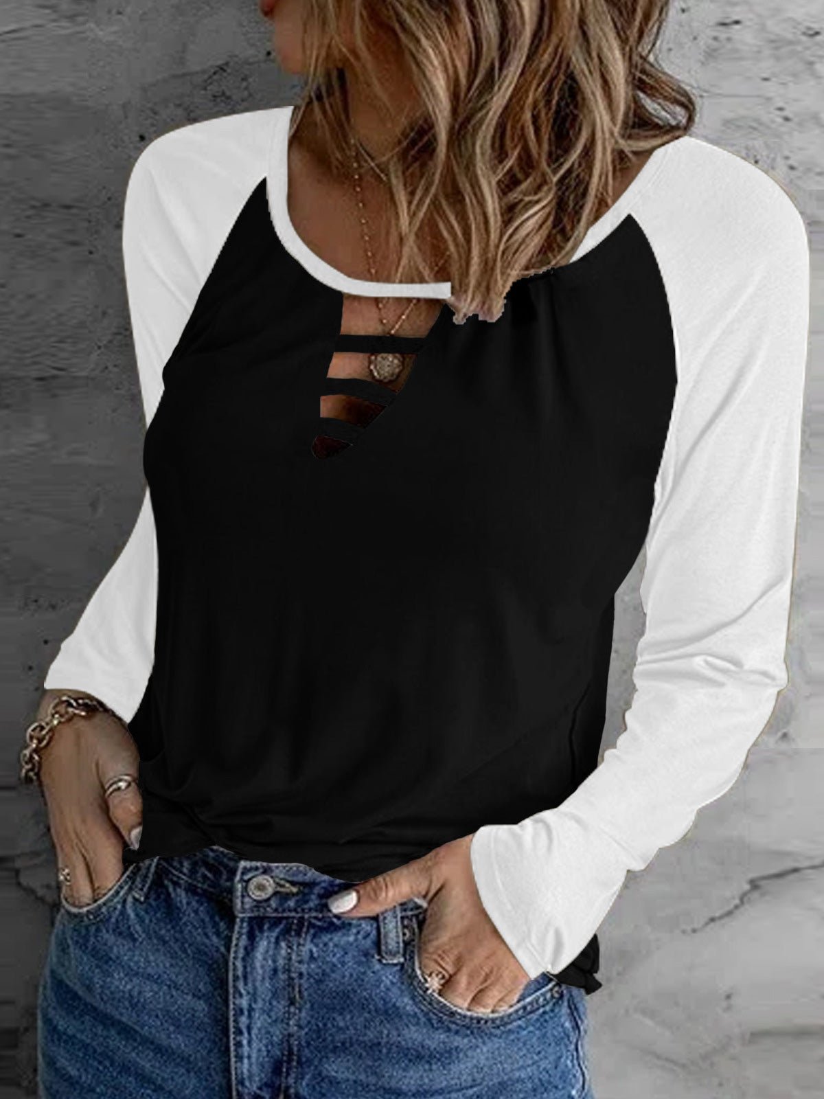 Women's T-Shirts Casual Contrast Hollow Long Sleeve T-Shirt - T-Shirts - Instastyled | Online Fashion Free Shipping Clothing, Dresses, Tops, Shoes - 20-30 - 27/07/2022 - color-black