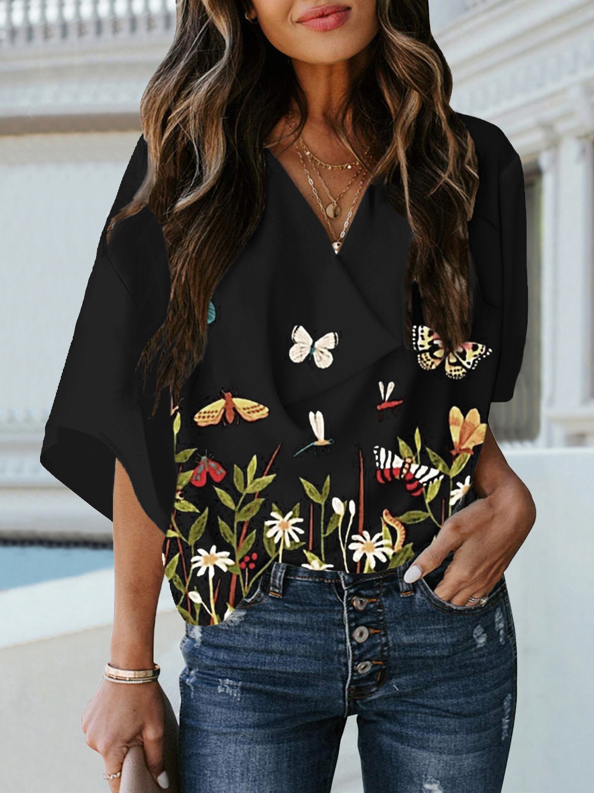 Women's T-Shirts Casual Pile Collar Print Doll Sleeve T-Shirt - T-Shirts - Instastyled | Online Fashion Free Shipping Clothing, Dresses, Tops, Shoes - 20-30 - 23/06/2022 - color-black