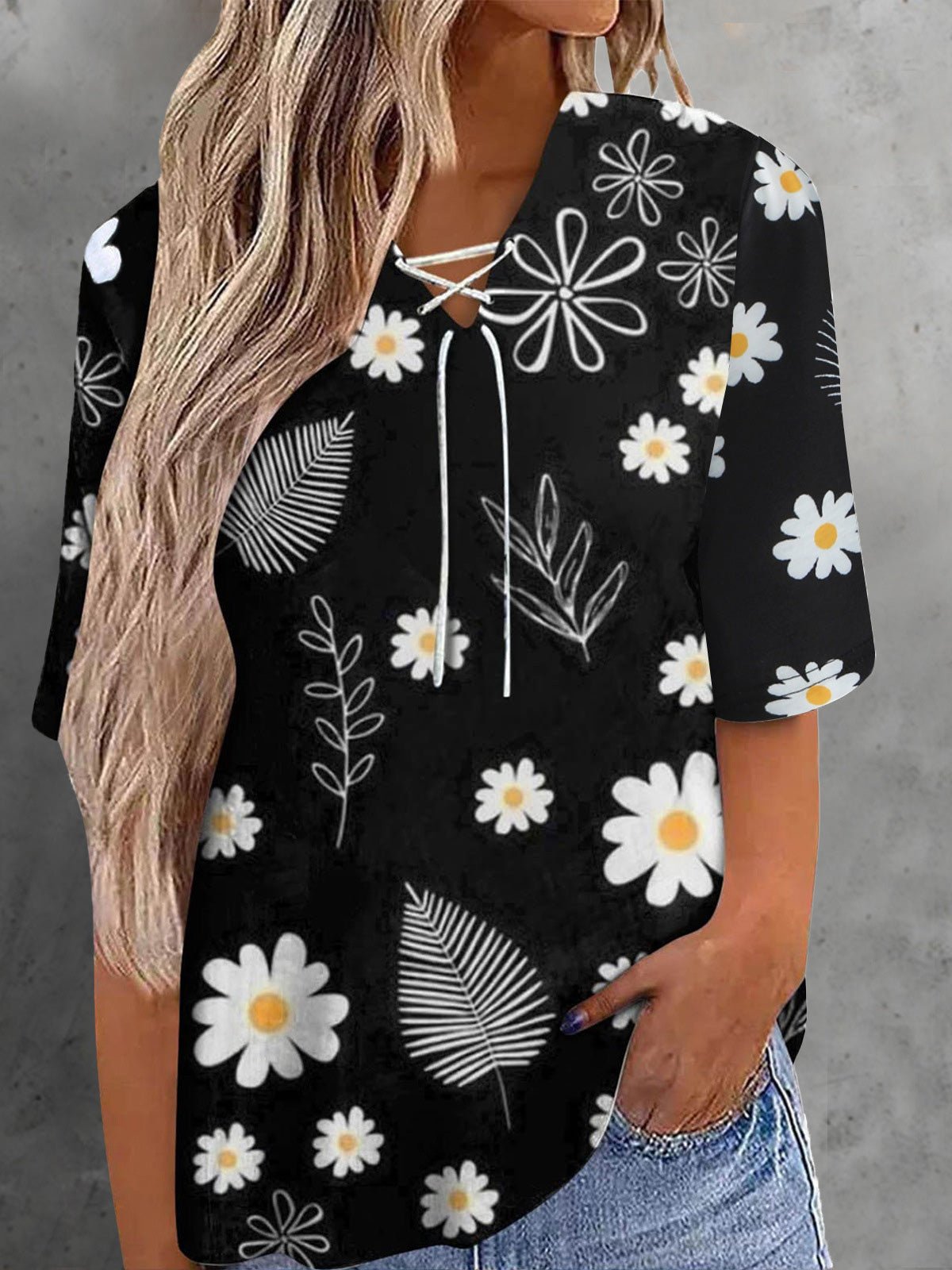 Women's T-Shirts Casual Print Belted Short Sleeve T-Shirt - T-Shirts - Instastyled | Online Fashion Free Shipping Clothing, Dresses, Tops, Shoes - 15/06/2022 - Color_Black - Color_Gray