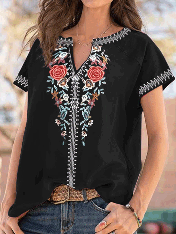 Women's T-Shirts Casual Printed V-Neck Short Sleeve T-Shirt - T-Shirts - Instastyled | Online Fashion Free Shipping Clothing, Dresses, Tops, Shoes - 11/04/2022 - 20-30 - color-black