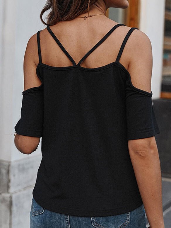 Women's T-Shirts Casual Round Neck Off Shoulder Short Sleeve T-Shirt - T-Shirts - Instastyled | Online Fashion Free Shipping Clothing, Dresses, Tops, Shoes - 19/05/2022 - 20-30 - color-black