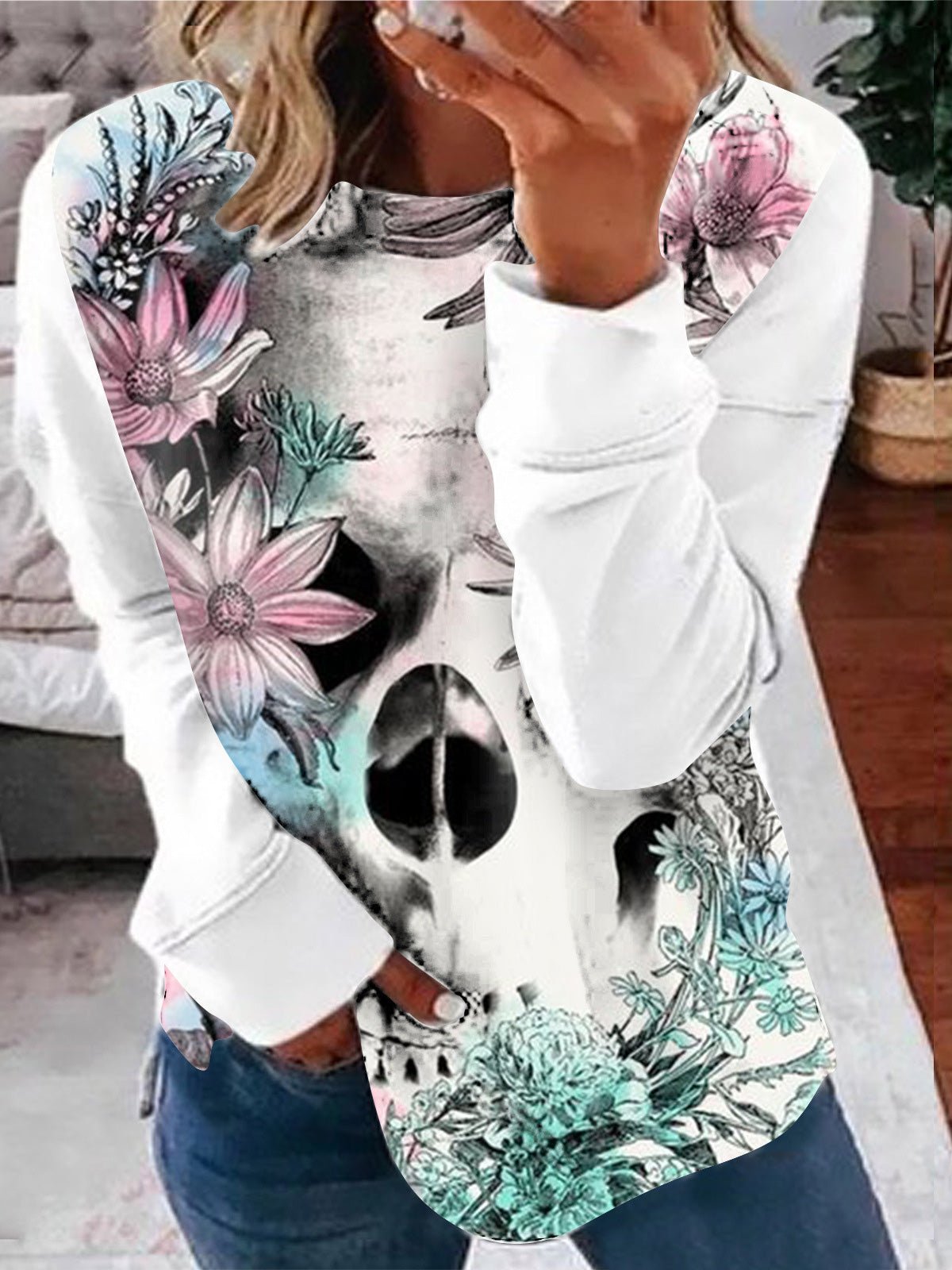 Women's T-Shirts Casual Skull Print Long Sleeve T-Shirt - T-Shirts - Instastyled | Online Fashion Free Shipping Clothing, Dresses, Tops, Shoes - 05/08/2022 - Color_Black - Color_Gray