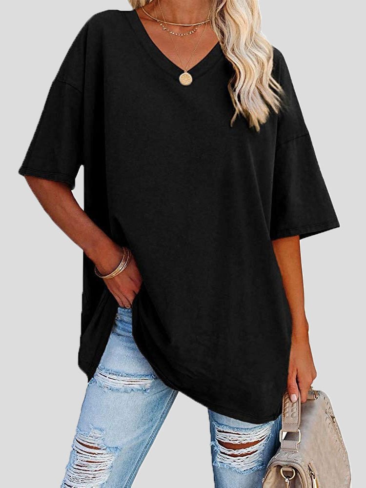 Women's T-Shirts Casual Solid V-Neck Short Sleeve T-Shirt - T-Shirts - Instastyled | Online Fashion Free Shipping Clothing, Dresses, Tops, Shoes - 07/05/2022 - 20-30 - color-black