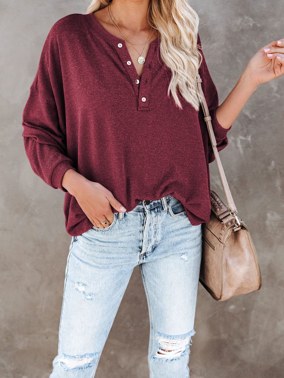 Women's T-Shirts Casual V-Neck Button Loose Cashmere Knit T-Shirts - T-Shirts - INS | Online Fashion Free Shipping Clothing, Dresses, Tops, Shoes - 09/08/2021 - 20-30 - Category_T-Shirts