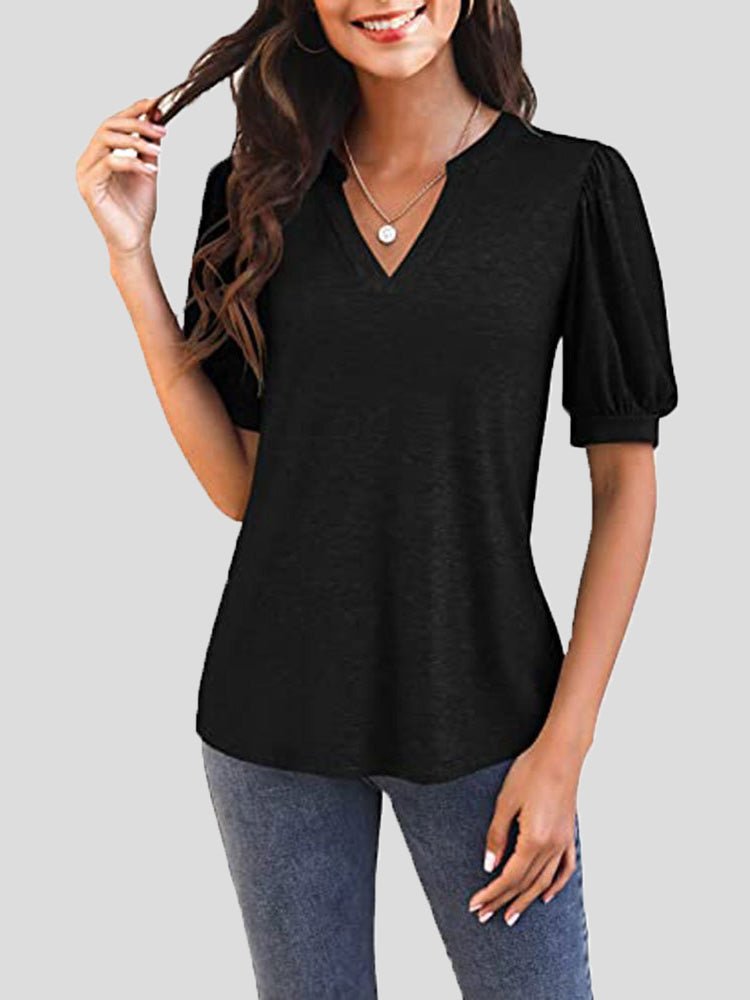 Women's T-Shirts Casual V Neck Puff Sleeve T-Shirt - T-Shirts - Instastyled | Online Fashion Free Shipping Clothing, Dresses, Tops, Shoes - 06/04/2022 - 20-30 - color-black