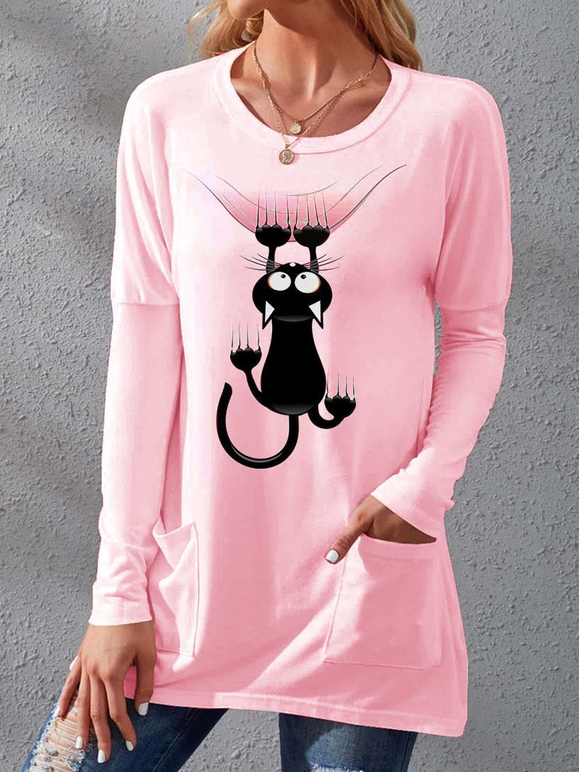 Women's T-Shirts Cat Print Crew Neck Pocket Long Sleeve T-Shirts - T-Shirts - Instastyled | Online Fashion Free Shipping Clothing, Dresses, Tops, Shoes - 09/08/2022 - Color_Black - Color_Blue