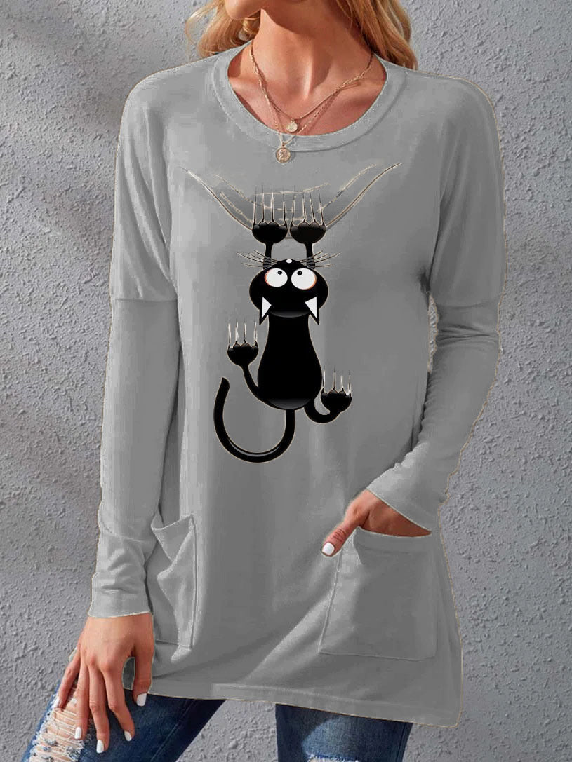 Women's T-Shirts Cat Print Crew Neck Pocket Long Sleeve T-Shirts - T-Shirts - Instastyled | Online Fashion Free Shipping Clothing, Dresses, Tops, Shoes - 09/08/2022 - Color_Black - Color_Blue