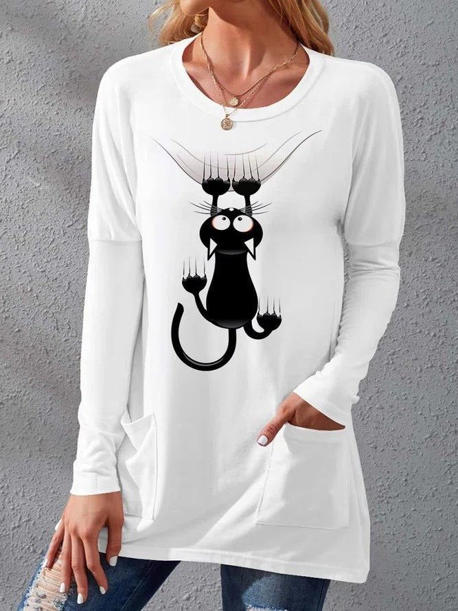 Women's T-Shirts Cat Print Crew Neck Pocket Long Sleeve T-Shirts - T-Shirts - Instastyled | Online Fashion Free Shipping Clothing, Dresses, Tops, Shoes - 09/08/2022 - Color_Black - Color_Blue