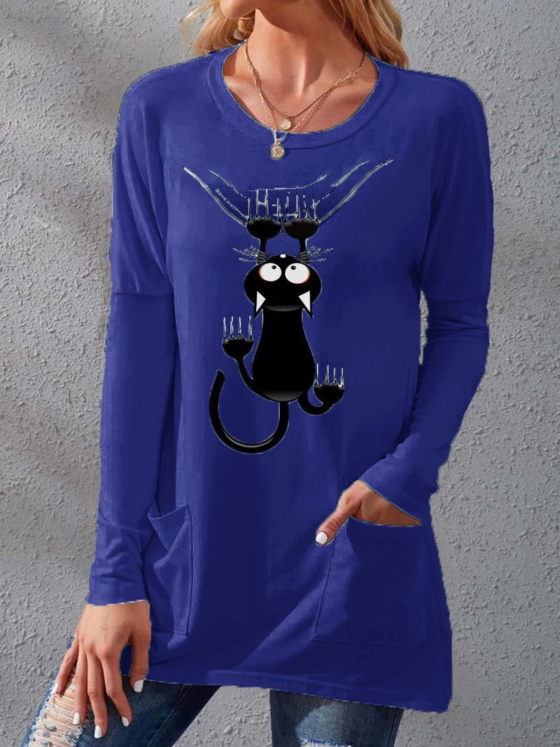 Women's T-Shirts Cat Print Crew Neck Pocket Long Sleeve T-Shirts - T-Shirts - Instastyled | Online Fashion Free Shipping Clothing, Dresses, Tops, Shoes - 09/08/2022 - Color_Black - Color_Blue