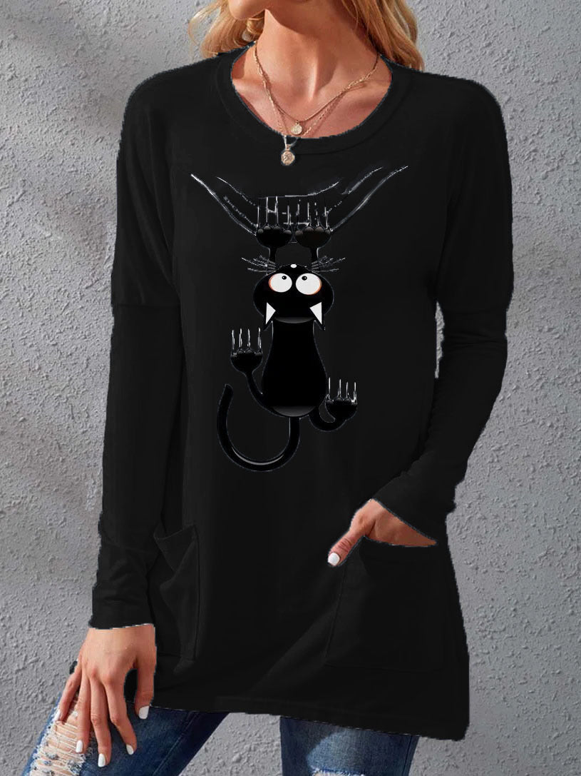 Women's T-Shirts Cat Print Crew Neck Pocket Long Sleeve T-Shirts - T-Shirts - Instastyled | Online Fashion Free Shipping Clothing, Dresses, Tops, Shoes - 09/08/2022 - Color_Black - Color_Blue