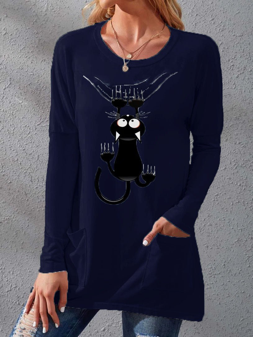 Women's T-Shirts Cat Print Crew Neck Pocket Long Sleeve T-Shirts - T-Shirts - Instastyled | Online Fashion Free Shipping Clothing, Dresses, Tops, Shoes - 09/08/2022 - Color_Black - Color_Blue