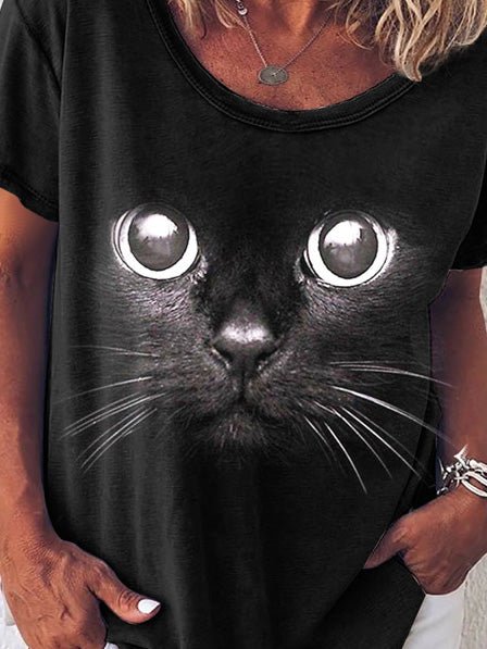 Women's T-Shirts Cat Print Crew Neck Short Sleeve T-Shirt - T Shirt - Instastyled | Online Fashion Free Shipping Clothing, Dresses, Tops, Shoes - 14/02/2022 - 20-30 - color-black