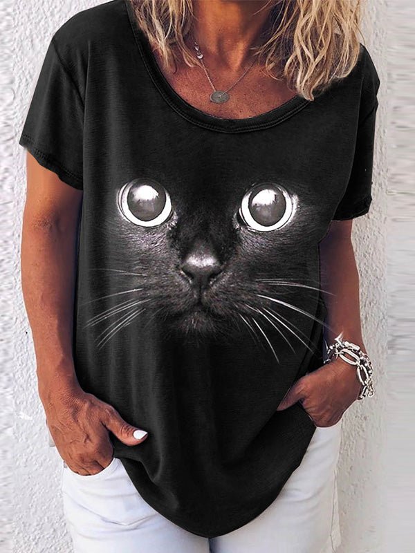 Women's T-Shirts Cat Print Crew Neck Short Sleeve T-Shirt - T Shirt - Instastyled | Online Fashion Free Shipping Clothing, Dresses, Tops, Shoes - 14/02/2022 - 20-30 - color-black