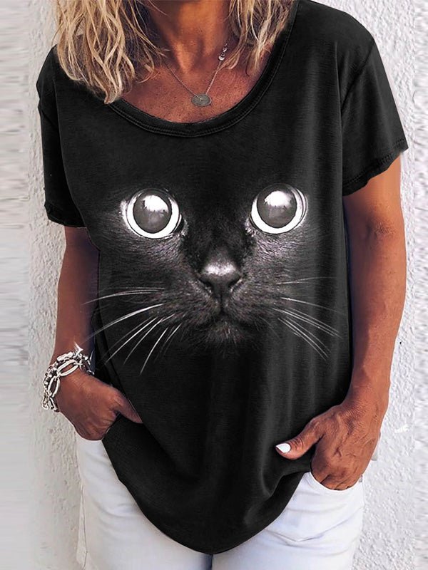 Women's T-Shirts Cat Print Crew Neck Short Sleeve T-Shirt - T Shirt - Instastyled | Online Fashion Free Shipping Clothing, Dresses, Tops, Shoes - 14/02/2022 - 20-30 - color-black