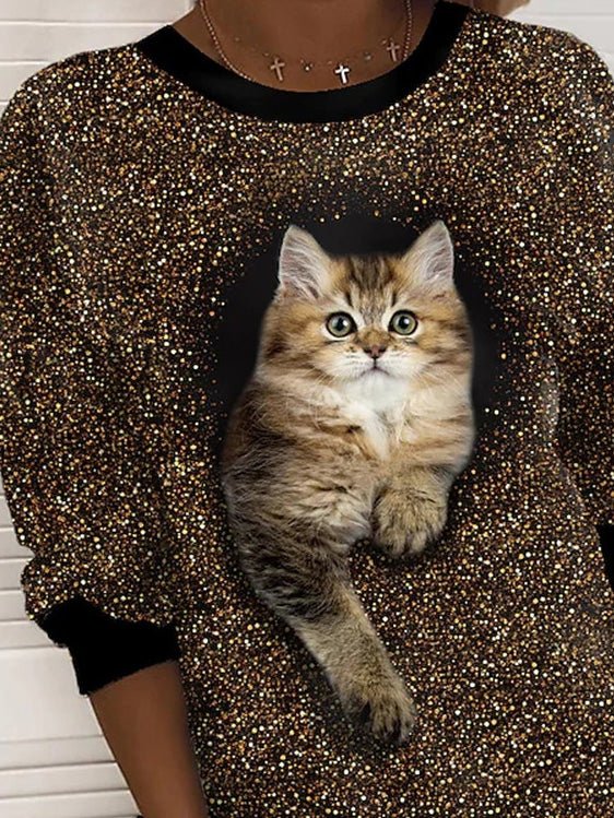 Women's T-Shirts Cat Print Round Neck Long Sleeve Casual T-Shirt - T-Shirts - Instastyled | Online Fashion Free Shipping Clothing, Dresses, Tops, Shoes - 08/09/2022 - Color_Brown - HDL