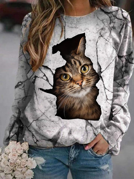 Women's T-Shirts Cat Print Round Neck Long Sleeve T-Shirts - T-Shirts - INS | Online Fashion Free Shipping Clothing, Dresses, Tops, Shoes - 10/09/2021 - 20-30 - Category_T-Shirts