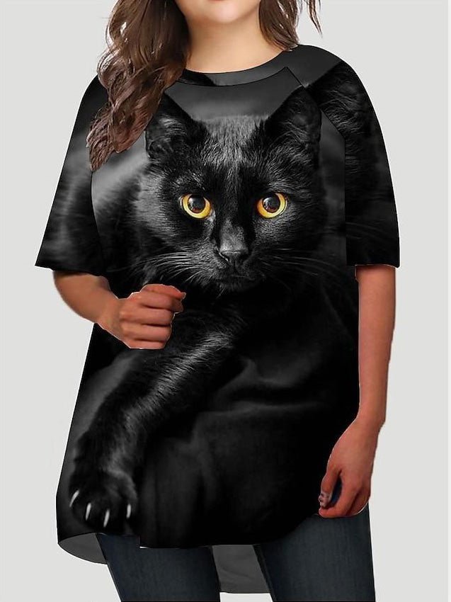 Women's T-Shirts Cat Print Round Neck Short Sleeve T-Shirt - T-Shirts - Instastyled | Online Fashion Free Shipping Clothing, Dresses, Tops, Shoes - 09/03/2022 - 20-30 - color-black