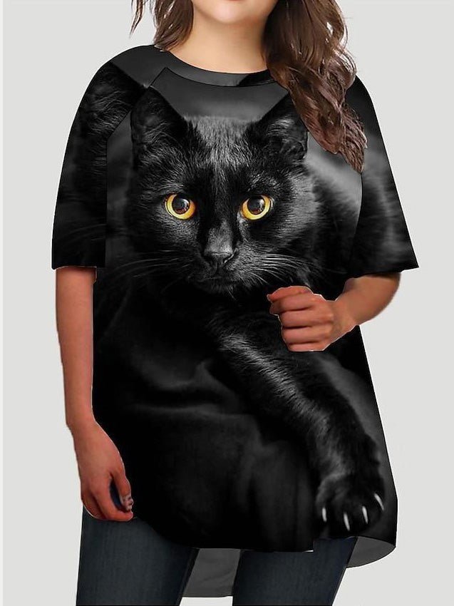 Women's T-Shirts Cat Print Round Neck Short Sleeve T-Shirt - T-Shirts - Instastyled | Online Fashion Free Shipping Clothing, Dresses, Tops, Shoes - 09/03/2022 - 20-30 - color-black