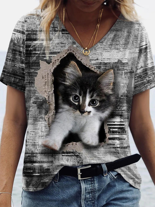 Women's T-Shirts Cat Print V-Neck Short Sleeve T-Shirt - T-Shirts - Instastyled | Online Fashion Free Shipping Clothing, Dresses, Tops, Shoes - 20-30 - 27/07/2022 - color-gray