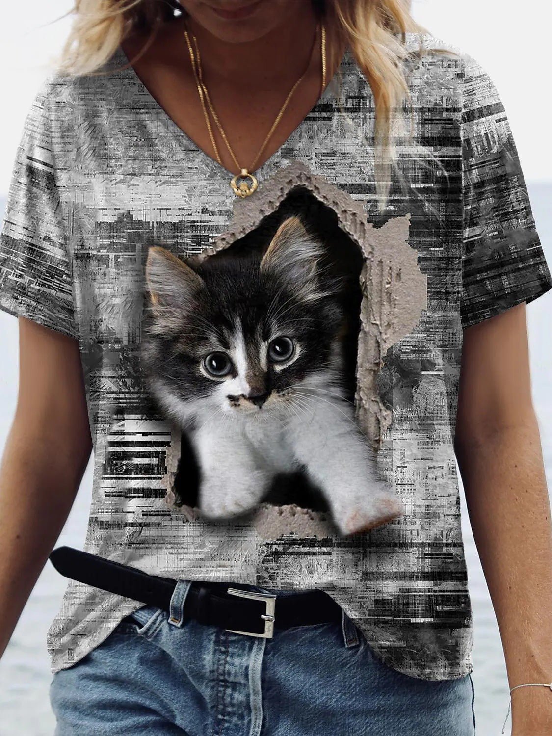 Women's T-Shirts Cat Print V-Neck Short Sleeve T-Shirt - T-Shirts - Instastyled | Online Fashion Free Shipping Clothing, Dresses, Tops, Shoes - 20-30 - 27/07/2022 - color-gray