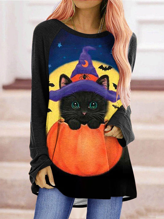 Women's T-Shirts Cat Pumpkin Print Crew Neck Long Sleeve T-Shirt - T-Shirts - Instastyled | Online Fashion Free Shipping Clothing, Dresses, Tops, Shoes - 15/08/2022 - 20-30 - color-black