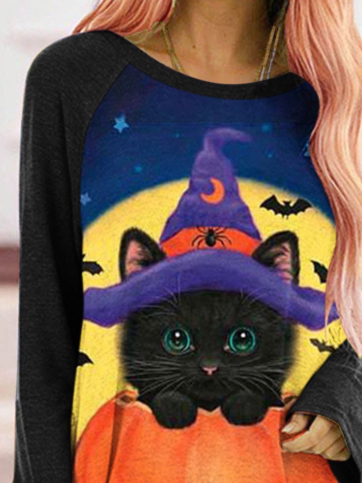 Women's T-Shirts Cat Pumpkin Print Crew Neck Long Sleeve T-Shirt - T-Shirts - Instastyled | Online Fashion Free Shipping Clothing, Dresses, Tops, Shoes - 15/08/2022 - 20-30 - color-black