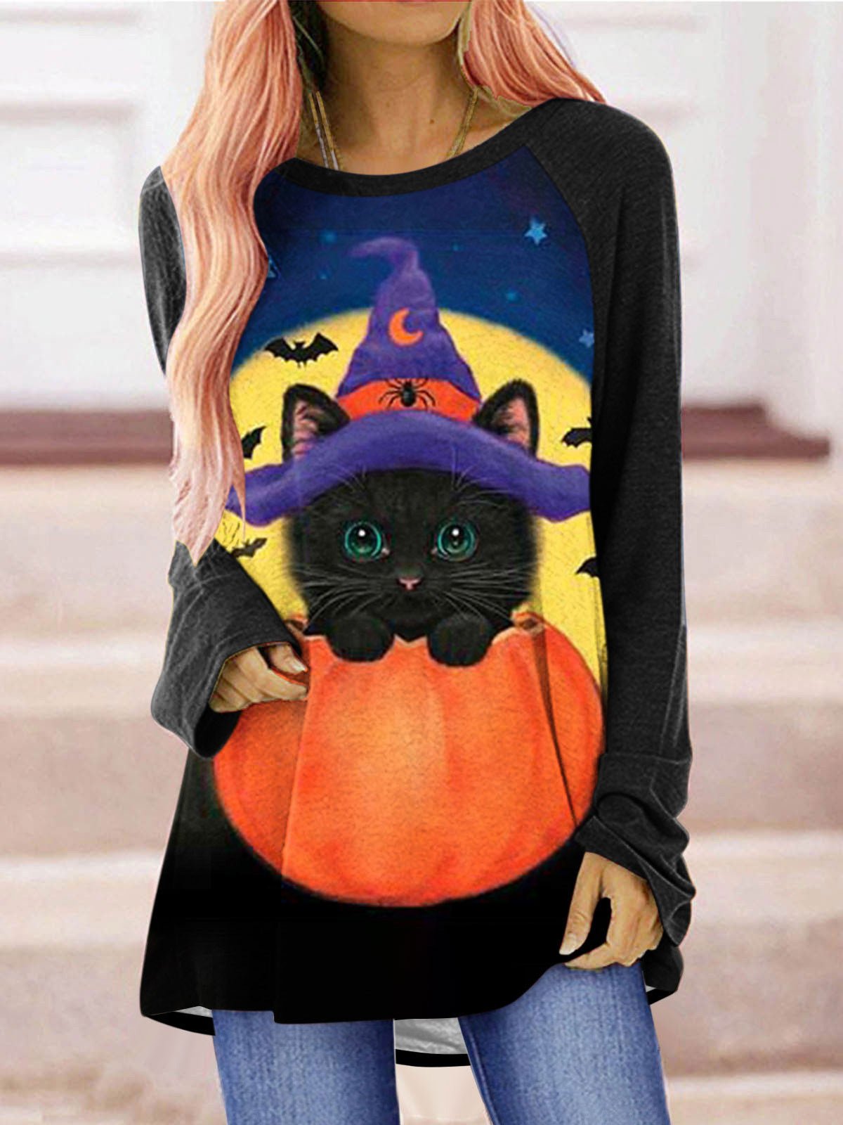 Women's T-Shirts Cat Pumpkin Print Crew Neck Long Sleeve T-Shirt - T-Shirts - Instastyled | Online Fashion Free Shipping Clothing, Dresses, Tops, Shoes - 15/08/2022 - 20-30 - color-black