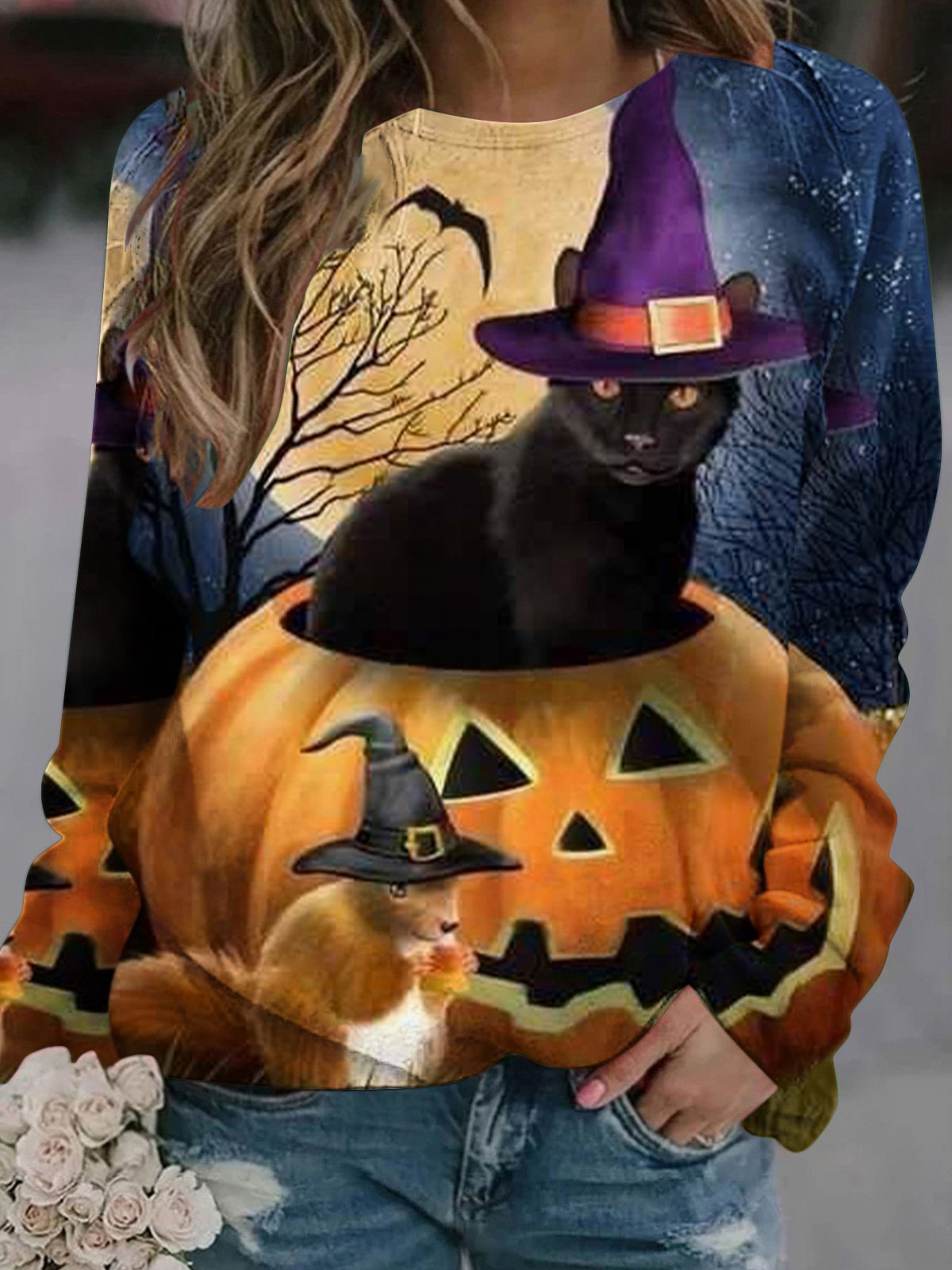 Women's T-Shirts Cat Pumpkin Round Neck Long Sleeve T-Shirts - T-Shirts - INS | Online Fashion Free Shipping Clothing, Dresses, Tops, Shoes - 20-30 - 22/09/2021 - color-blue