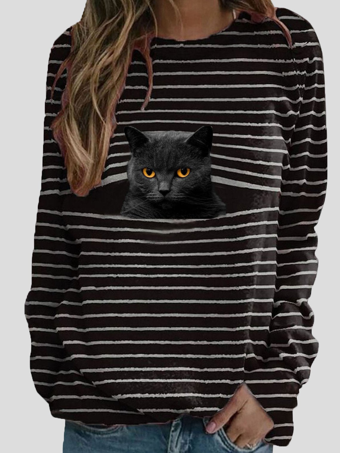 Women's T-Shirts Cat Striped Print Long Sleeve T-Shirt - T-Shirts - INS | Online Fashion Free Shipping Clothing, Dresses, Tops, Shoes - 08/09/2021 - 10-20 - Category_T-Shirts