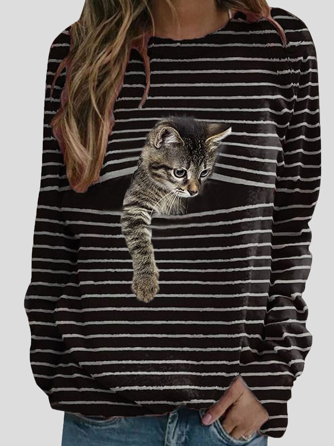 Women's T-Shirts Cat Striped Print Long Sleeve T-Shirt - T-Shirts - INS | Online Fashion Free Shipping Clothing, Dresses, Tops, Shoes - 08/09/2021 - 10-20 - Category_T-Shirts