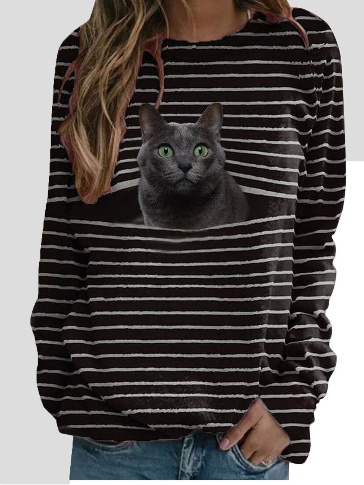 Women's T-Shirts Cat Striped Print Long Sleeve T-Shirt - T-Shirts - INS | Online Fashion Free Shipping Clothing, Dresses, Tops, Shoes - 08/09/2021 - 10-20 - Category_T-Shirts